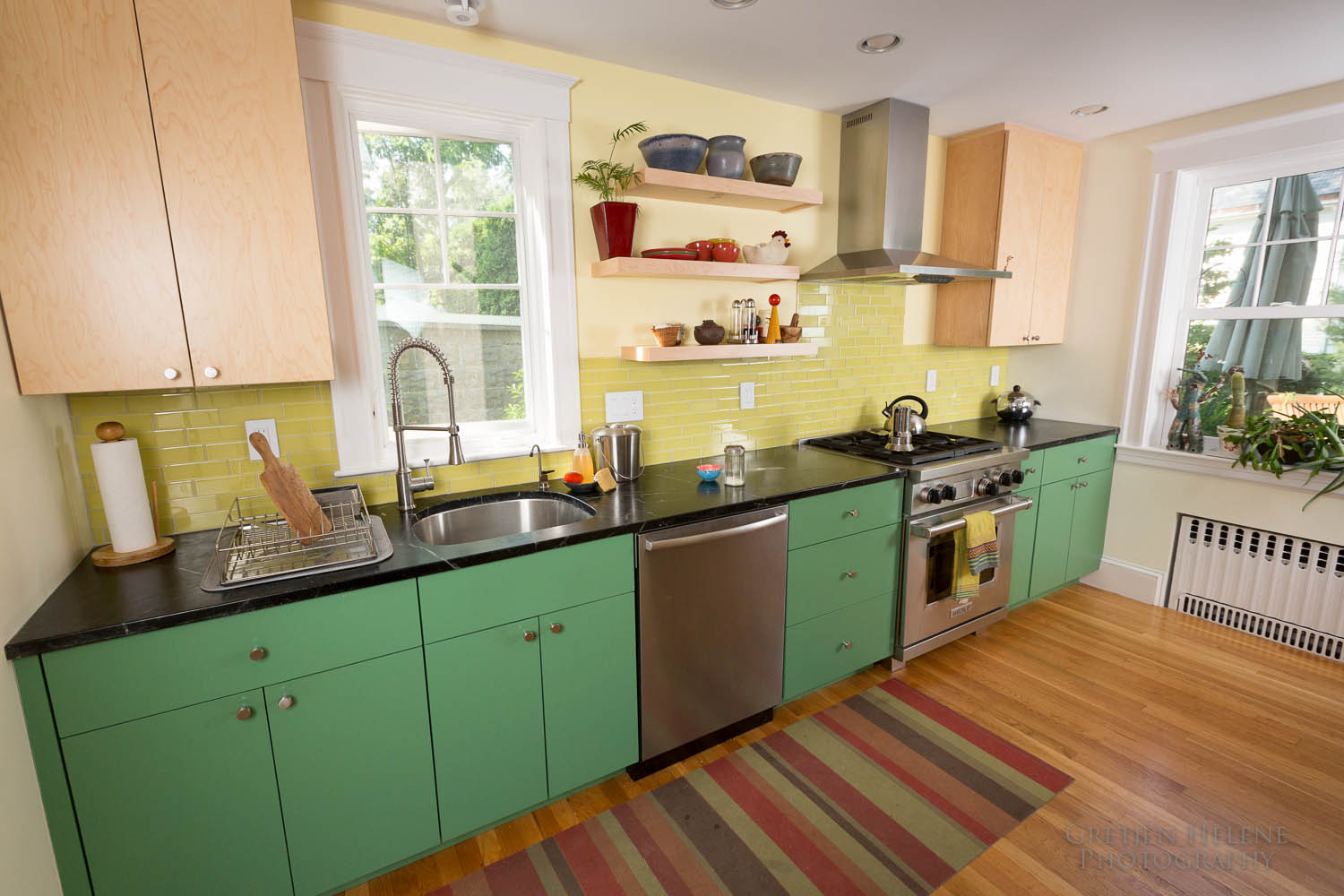 Natural maple and custom painted cabinets