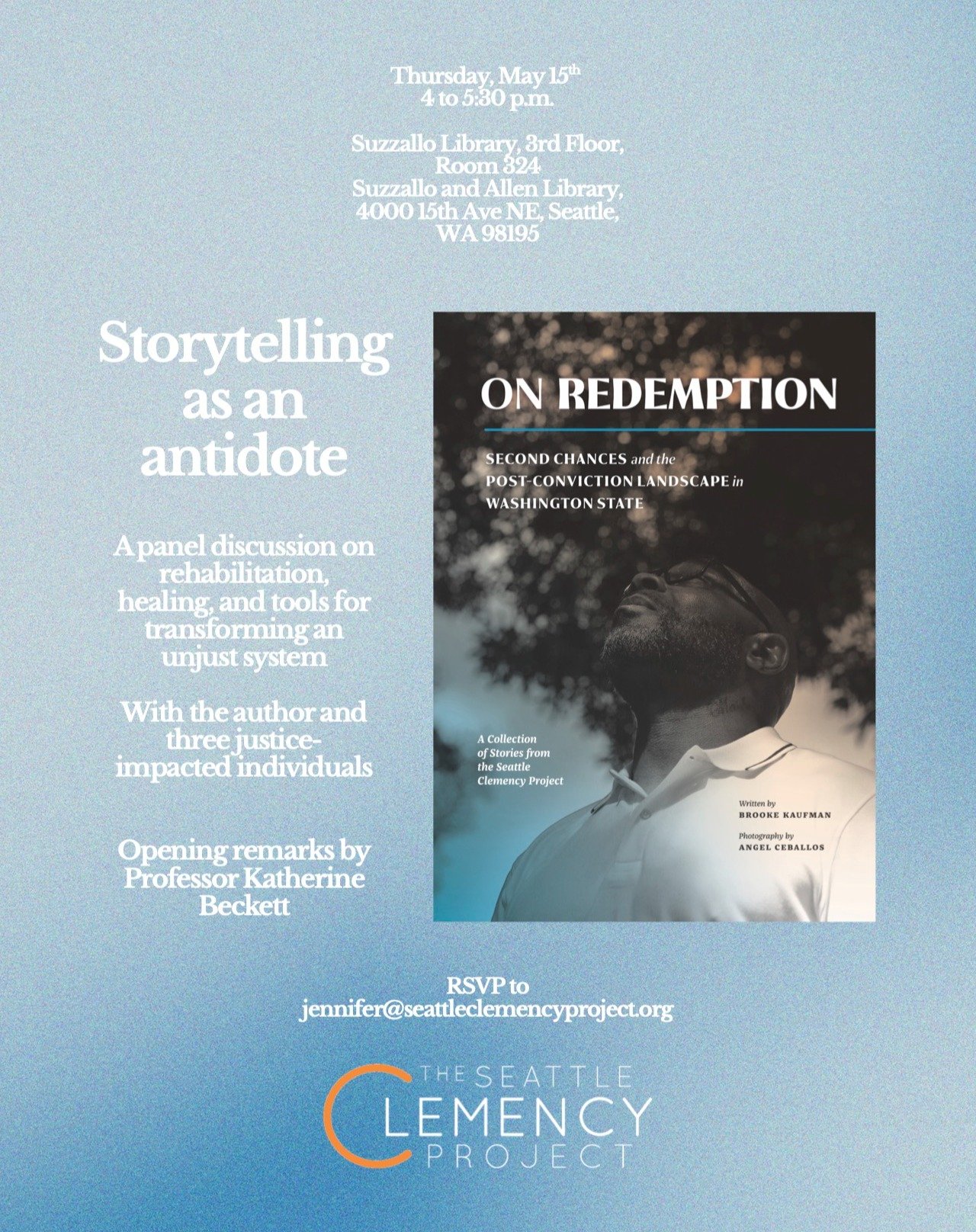 Next Thursday, we're hosting our second On Redemption event, Storytelling as an Antidote: A panel discussion on rehabilitation, healing, and tools for transforming an unjust system.
 
This event is being cohosted by the University of Washington&rsquo