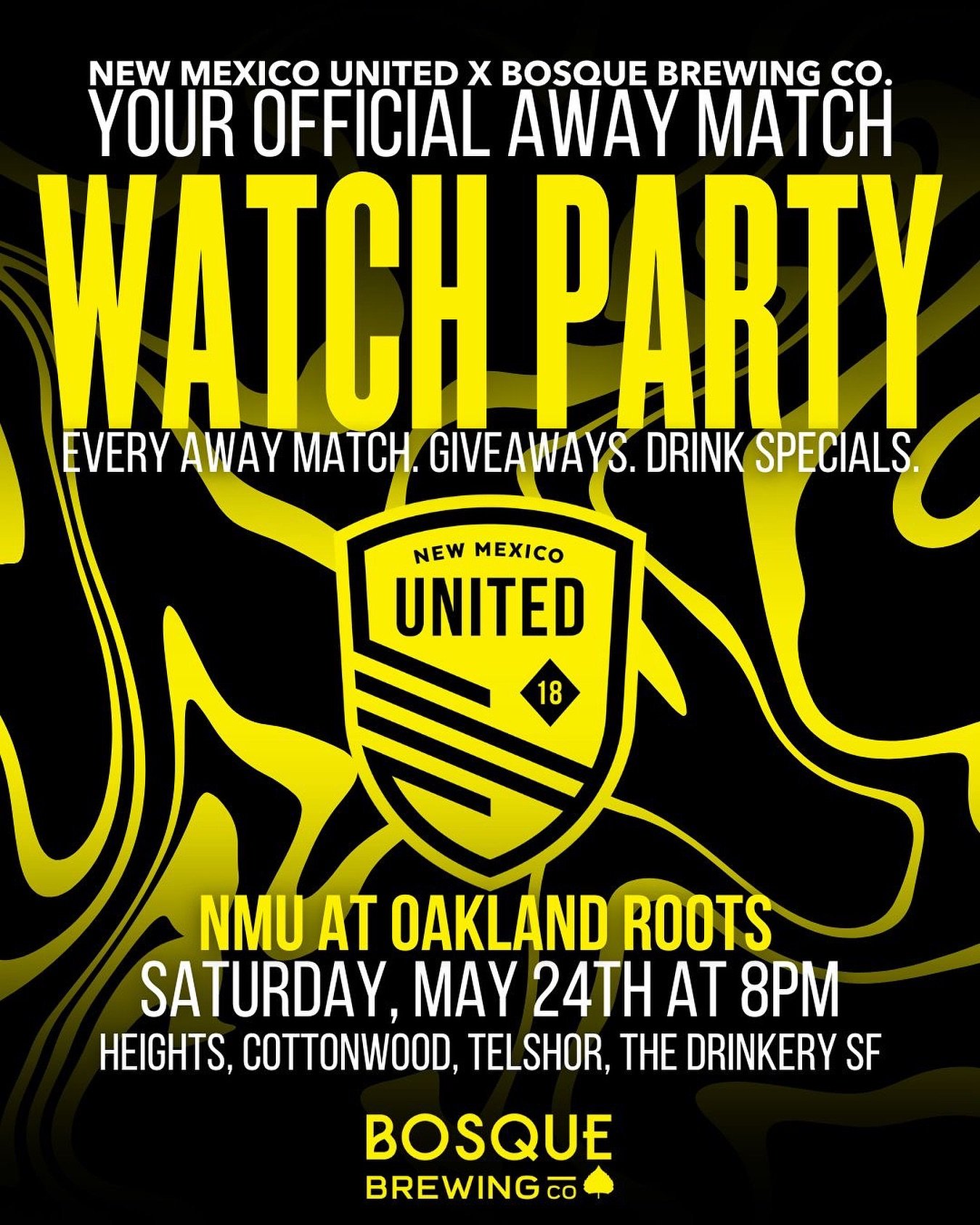 United x Bosque Watch Party ⚽🔥

We&rsquo;re back at it this Saturday, May 24th &mdash; and we&rsquo;re showing up big for @newmexicoutd as they take on the Oakland Roots! 💛🖤 Catch the match and the vibes at FOUR Bosque locations!

🕗 Kickoff at 8: