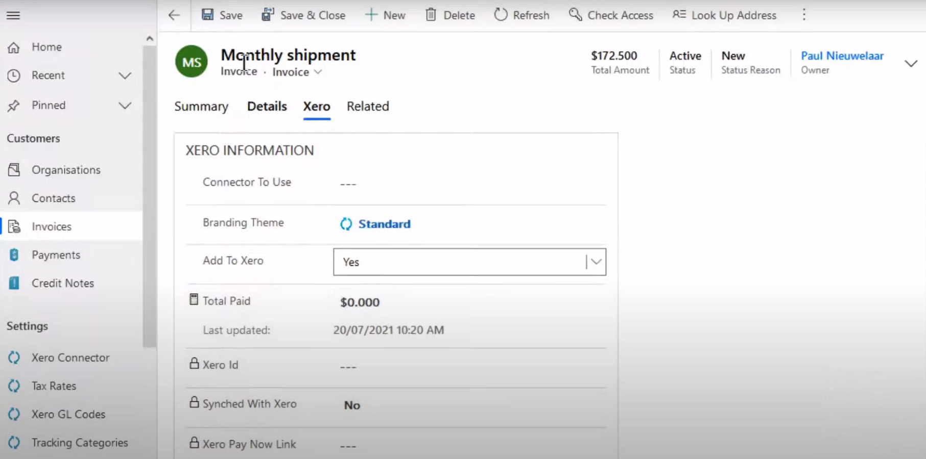 Publish your created invoice to your Xero account.