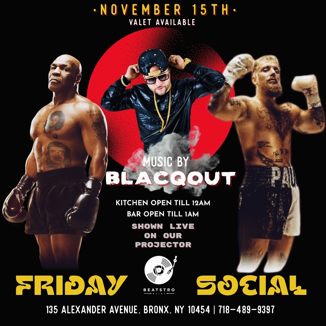 This Friday &ldquo;THE FIGHT OF THE YEAR&rdquo; goes down at @beatstronyc 🔥🔥🔥 THE BADDEST MAN ON THE PLANET @miketyson is back to do his thing against @jakepaul &bull; Fight shown live on our 100&rdquo; Projector &bull; Live Sounds by The Boy @djb