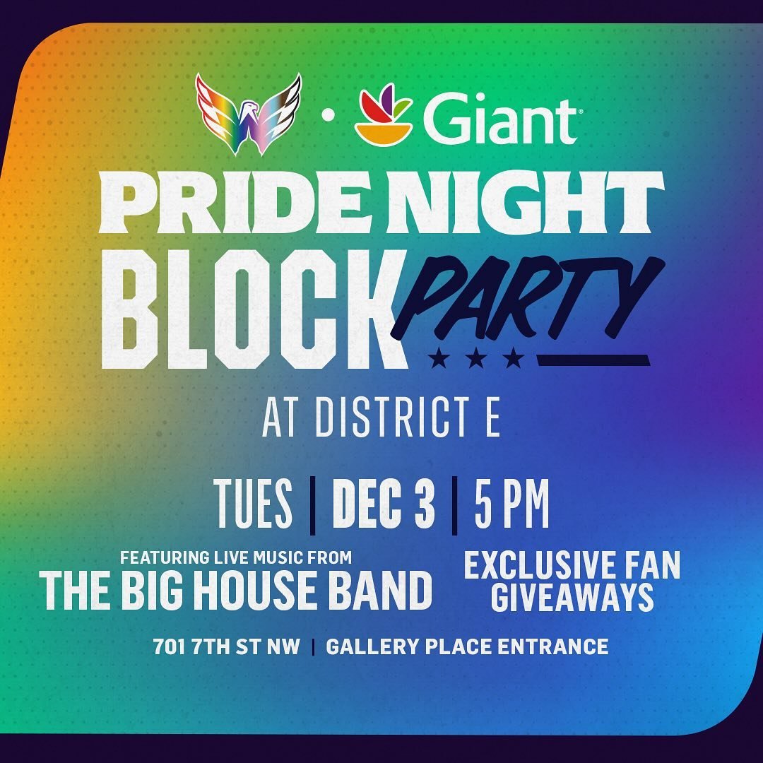 Join us at District E tomorrow, December 3 for the @capitals Pride Night Block Party! Don&rsquo;t miss out on:
&nbsp;
🎵Live music from The Big House Band
🎁Exclusive fan giveaways
🍹Caps Pride Punch specialty giveaway
🍤Maryland Shrimp Roll/Old Bay 